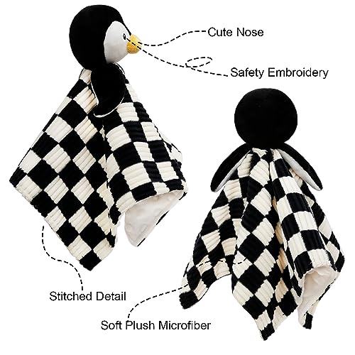 Image of Baby Lovey Blanket for Boys Girls Super Soft Checkerboard Gingham with Minky Dot Fabric Backing Penguin Stuffed Animal Lovely Snuggle Toy Black 14 Inch