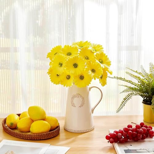 Image of CURATED CART Gerbera Daisy Flowers - Pack of 5 Yellow Faux Blooms, 30cm Tall | Real Touch PU Petals with Bendable Green Stems | Artificial Flower Bouquet for Home, Kitchen, Office (Yellow) (No Vase)