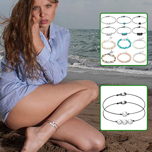Kelaien 12 Pcs Puka Shell Anklet Surfer Waterproof Anklets Bracelets Set For Women Girls Handmade Cute Adjustable Boho Beach Anklet Bracelet Shell Turquoise Volcanic Stone Chain Ankle For Foot Jewelry As Gifts #TOP3