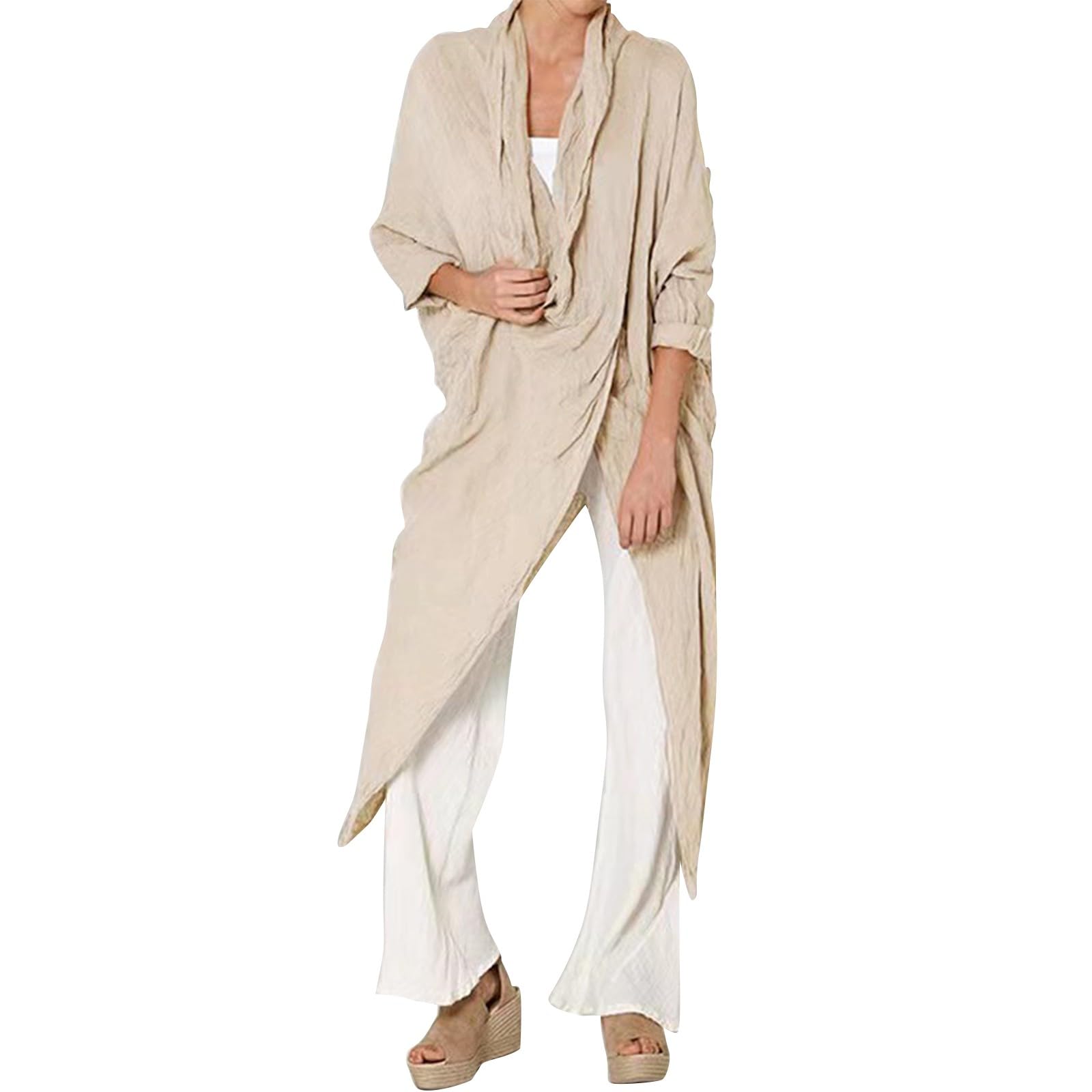 Top avvolgente da donna in lino casual arrotolabile a maniche lunghe camicette con collo ad anello asimmetrico caftano oversize orlo immerso top da donna caftano italiano leggero camicie lunghe