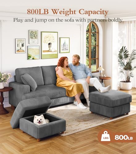 Image of Kidirect 87in U Shaped Couch, Modular Sofa No Tool Assembly, Comfy Sectional Couches for Living Room 21in Deeper Seats, Corduroy Sofas for Living Room with 2 Pillows, Loveseat Sofa Set, Grey Couch