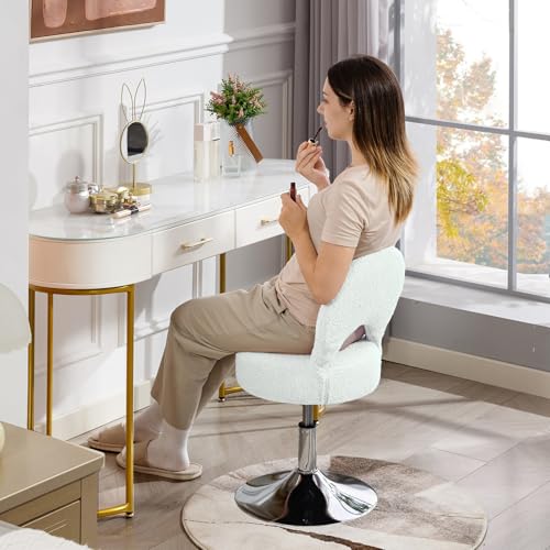 Image of Adjustable Small Vanity Chair with Folding Back for Makeup | 360 Swivel Vanity Stool for Dressing Room | Comfy Teddy Ottoman Stool for Bedroom | Large | Beige