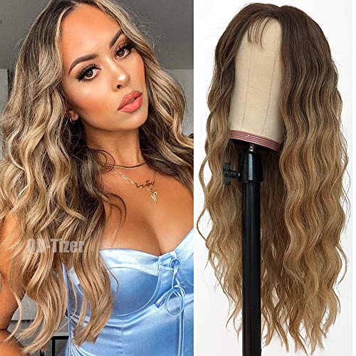 QD-Tizer Mixed Color Blonde Ombre Synthetic Hair Wigs Brown Roots Loose Wave Hair Heat Resistant Synthetic No Lace Wigs for Women