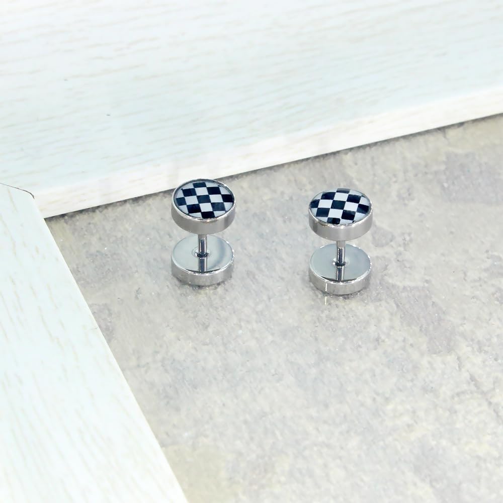 Unique 16G Checker Flat Screw Back Cartilage Small Stud Earrings for Men Women Punk Stainless Steel Black White Barbell Tiny Tragus Piercing Sleeper Studs Fashion Hypoallergenic Jewelry
