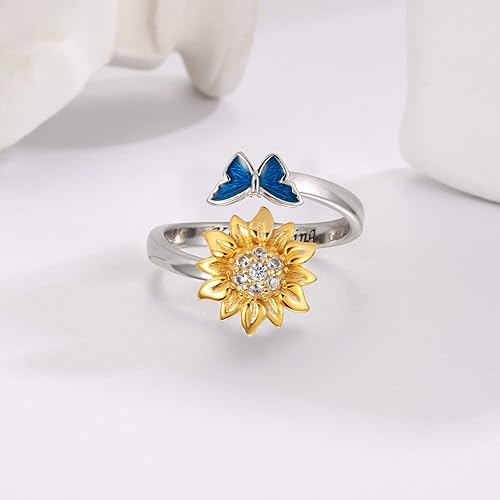 Miniatura 6 de 925-Sterling-Silver Anti Anxiety Ring for Women Sunflower Bee Ladybug Butterfly Spinner Fidget Rotatable Calm Rings Jewelry Gifts for Girls Teens