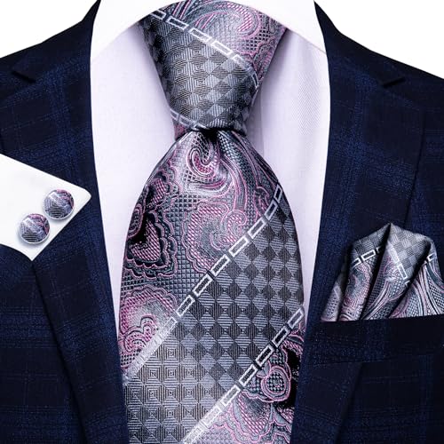Image of Hi-Tie Men Ties Sets Silk Stripe Paisley Necktie Pocket Square Cufflinks for Business Wedding