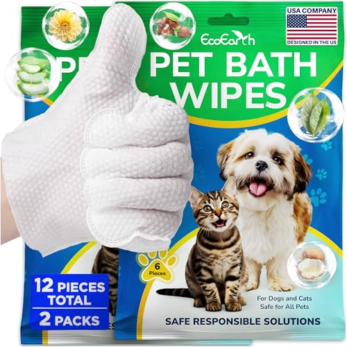Premium Pet Wipes for Dogs & Cats - 12 Pcs - Disposable Washing Gloves for Bath & Grooming - Clean & Dry Paws, Fur, Face, Ears, Butt & Body - Hypoallergenic, Lick-Safe & Waterless Cleaning Gloves