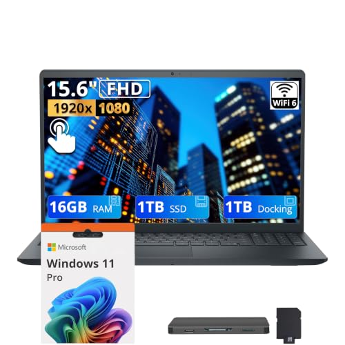 Image of Dell 15.6 inch FHD Touchscreen Laptop, Intel Core i5-1334U, 16GB DDR5, 2TB Storage (1TB SSD+1TB Docking Station Set), Intel UHD Graphics, Numeric Keypad, 720p Camera, Wi-Fi 6, Win 11 Pro, Carbon Black