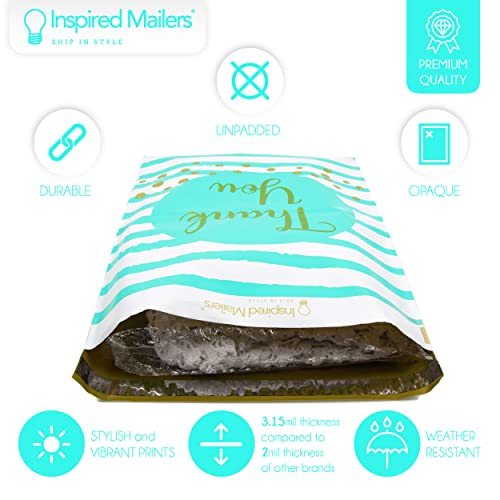 Image of Inspired Mailers - Poly Mailers 14.5 x 19-20 Pack - Thank You Poly Mailers Confetti and Stripes (Aqua /Gold) - Packaging Bags - Mailing Envelopes - Shipping Bags