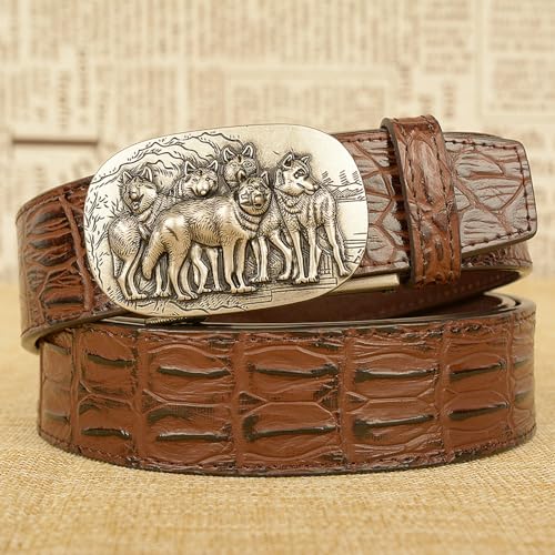 Men's Crocodile Pattern Leather Ratchet Dress Belt With Engraved Silver Animal Automatic Buckle, Adjustable2