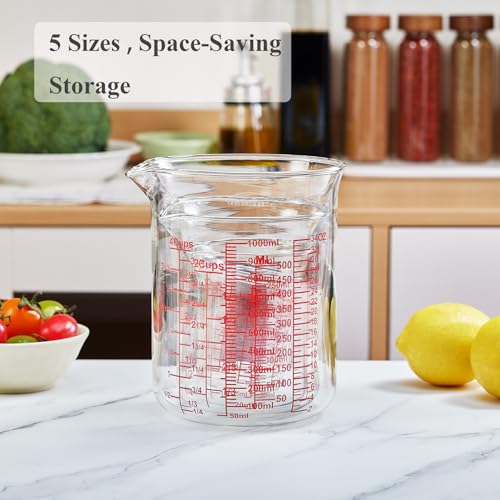 Image of Ackers High Borosilicate Glass Measuring Cup Set with Pour Spout,60ml(2OZ),120ml(4OZ), 250ml(8OZ), 500ml(16OZ), 1000ml(32OZ) Glass Measuring Beaker for Kitchen or Restaurant, Easy to Read