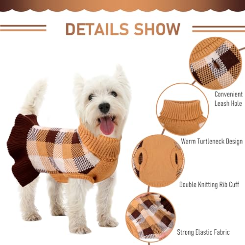 Image of Dog Sweater Dress Plaid Knitwear for Small Medium Dogs Warm Puppy Pet Turtleneck Stretch Pullover Cute Fall Winter Vest Clothes with Leash Hole for Christmas (Coffee, 2XL)