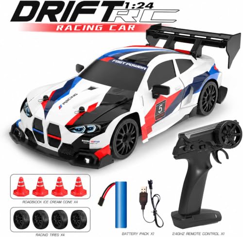 Image of DWH BMV High Speed RC Drift Car 1:24 Scale | 2.4GHz Remote Control | USB Rechargeable | LED Lights | Extra Drift Tires | Racing Toy Car for Kids & Adults