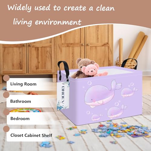 Image of Rectangular Purple Whale Waterproof Collapsible Storage Bin Organizer | stain-proof canvas, reinforced handles, planet print for laundry, study, living room, hallway, closet and playroom