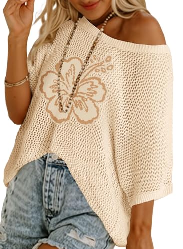 Image of Dokotoo Womens Floral Fashion Summer Tops 2026 Short Sleeve Crochet Sweaters Swimsuit Cover Ups Lightweight Knit Pullover
