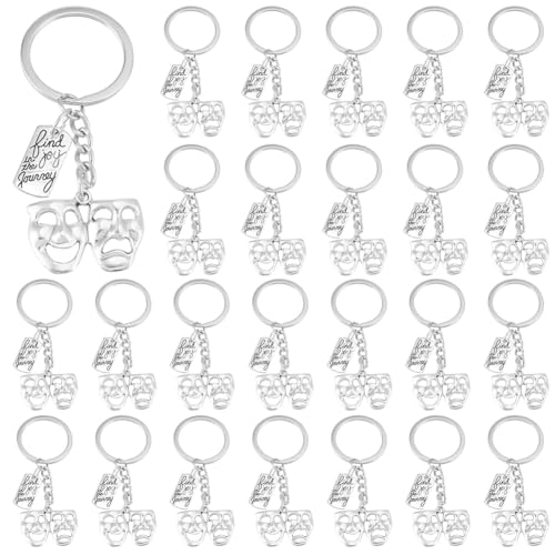 FREEBLOSS 24 porta-chaves de teatro com máscara de drama musical em liga com pendente quadrado para homens, amantes da música, presentes prateados, comprimento da corrente de 2,3 polegadas, branco