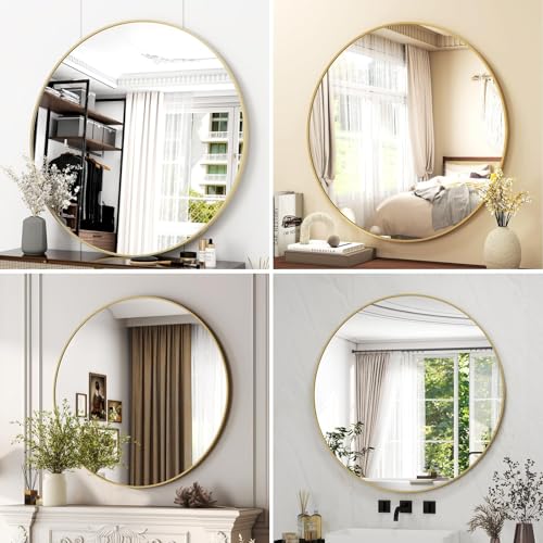 Image of EASLY 32 Inch Round Mirror, Gold Metal Frame Wall Mirror for Bathroom