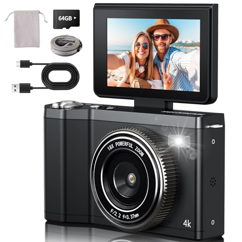 Image of 4K Digital Camera for Photography,64MP Vlogging Camera for YouTube with 3 inch 180 Flip Screen,18X Digital Zoom Point and Shoot Camara with 64GB Micro SD Card (Black)