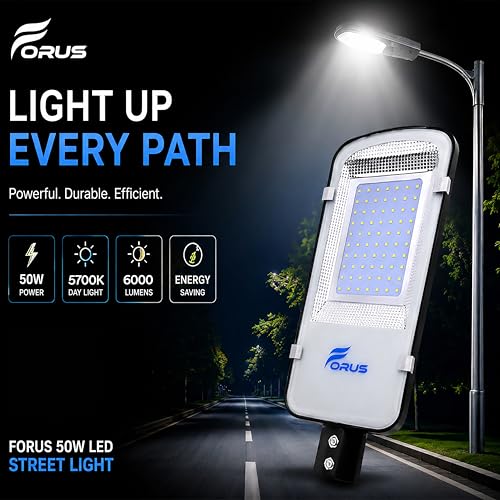 Image of Forus 50W LED Street Light Outdoor with 4 Year Warranty, High Power Floodlight, IP66 Waterproof Road Light, Parking Lot & Industrial Area Lighting, Energy Saving Aluminium Body, Cool White (1 PC)