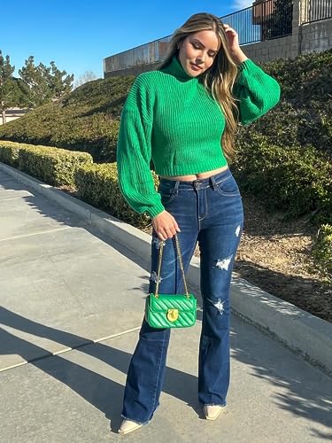 Image of ZAFUL Women's Cropped Turtleneck Sweater Lantern Sleeve Ribbed Knit Pullover Sweater Jumper