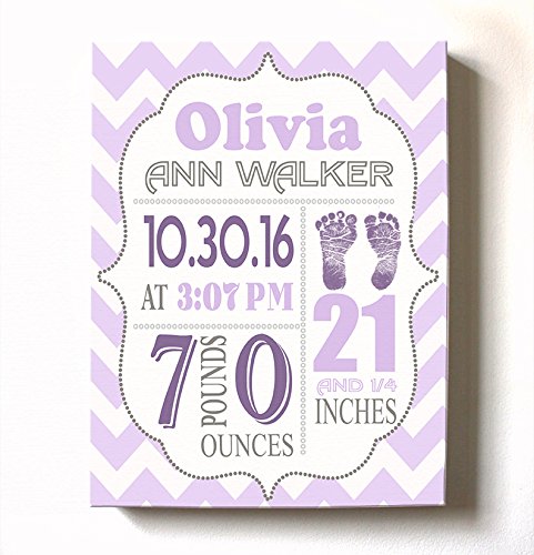 Personalized Stretched Canvas Birth Announcement Gift, Custom Baby Name, Date, Weight Stats, Newborn Footprint Nursery Wall Art Decor, Wooden Frame Construction, Ready to Hang 24X30