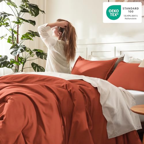 Image of Litanika Comforter King Size Bed Set Burnt Orange, 3 Pieces Terracotta Boho Lightweight Fluffy Solid Bedding Comforter Set, Rust All Season (104x90In Comforter & 2 Pillowcases)