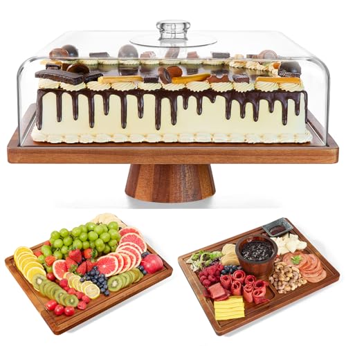 HouseJoy Acacia Wood Cake Stand with Lid-Extra Large 17' Rectangular Cake Holder,2-in-1 Dessert Table Display Set & Charcuterie Board,Acrylic Cake Dome Cover for Cheese/Veggie/Desert /Chips & Dip