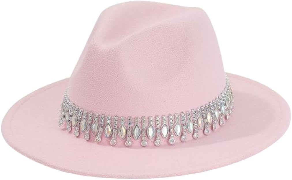Fedora Hat for Men Women, Rhinestone Wide Brim Felt Panama Hat, Adjustable Winter Jazz Cap