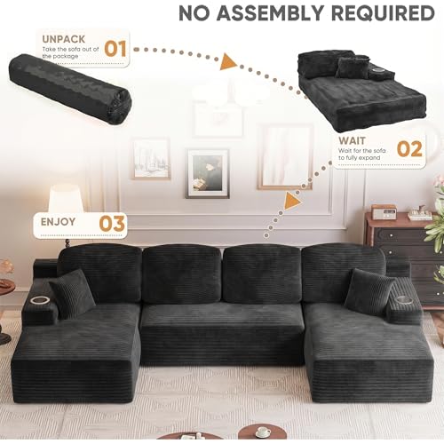 Image of Homall 142 inch Boneless Couch, Modular Sectional Sofa, No Assembly Required, Memory Foam Filling, Corduroy U-Shaped Sofa, Movable Multi-Person Couch for Living Room (Black)