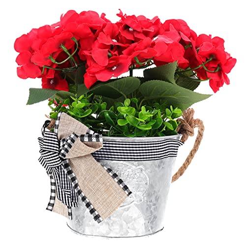 Clispeed Artificial Outdoor Plants Red Geranium Bucket Wreath Artificial Spring Summer Wreath With Burlap Bow Front Door Outdoor Hanging Wreath For Farmhouse Cottage Porch Decor Spring Decor #TOP11