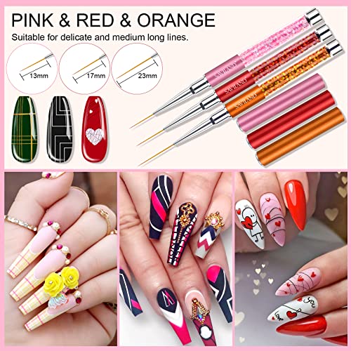 Saviland 6Pcs Nail Art Liner Brushes Set - Nail Gel Polish Painting Nail Design Brush Pen Set With Crushed Diamond Rhinestones Handle For Pulling Lines, Nail Art Design, Sizes 7/9/11/13/17/23 Mm #TOP4