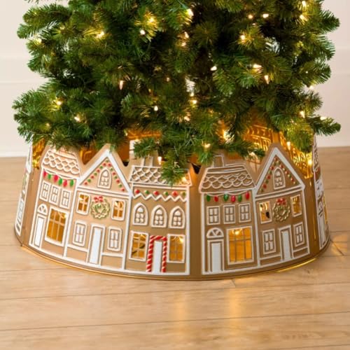 JOYWU Christmas Tree Gingerbread Collar with LED Lights,66cm Lighted Gingerbread House Xmas Tree Skirt,Led Glowing Christmas Trees Base Cover,Xmas Trees Bottom Cover Decoration,Assemble Yourself