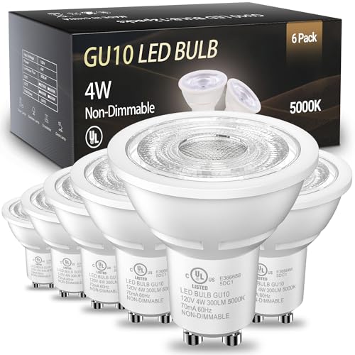 TJOY GU10 LED Light Bulbs Non-Dimmable, 4W, 5000K Daylight White, 300LM, Equivalent 35W, 2 Prong GU10 Bulbs Replacement for Recessed Track Lighting, MR16 LED Bulb for Living Room, Range Hood, 6 Pack