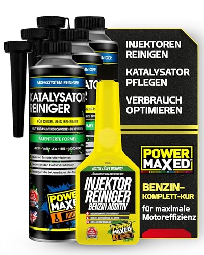 Power Maxed Benzin-Komplett-Kur – 3+1 Set Systemreiniger für Benziner & Hybrid – Katalysator & Injektor Reiniger – Reduziert Emissionen & senkt Verbrauch