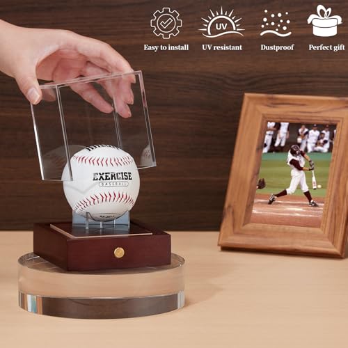 HouseJoy Baseball Display Case with Light, 10 Color LED Baseball Display Stand Wood,UV Protected Clear Cube for Memorabilia Baseball Gifts