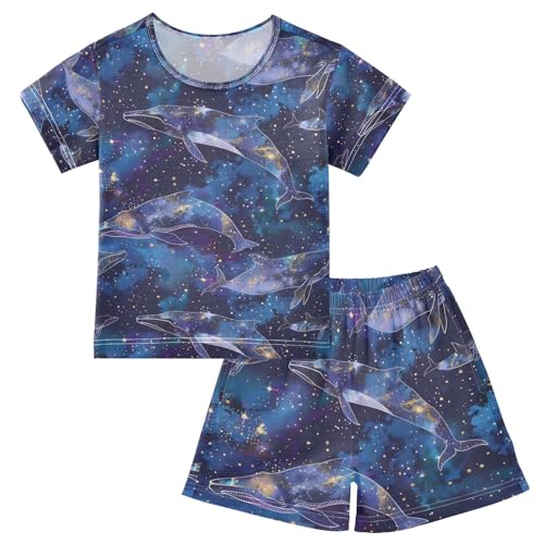 ALAZA Starry Whale Galaxy Nebula Pajamas Set Short Sleeve Cotton Sleepwear Summer Pjs 2 Piece 5-14Y
