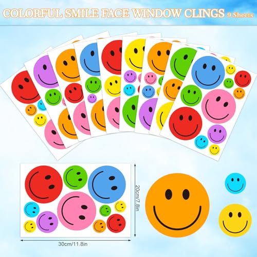 Image of Whaline 9 Sheet Smile Face Window Clings Colorful Cute Happy Face Window Decals Double-Sided Reusable Glass Sticker for Home Back to School Classroom Office Nursery Windows Decor