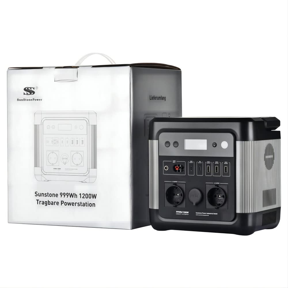 Sunstonepower 1200W Powerstation 999Wh Lithium Akku Mobiler Stromspeicher & Solar Generator mit 2 x 1200W AC-Steckdosen für Campingreisen, Garten, Balkon, Heimwerken und Notstromaggregat