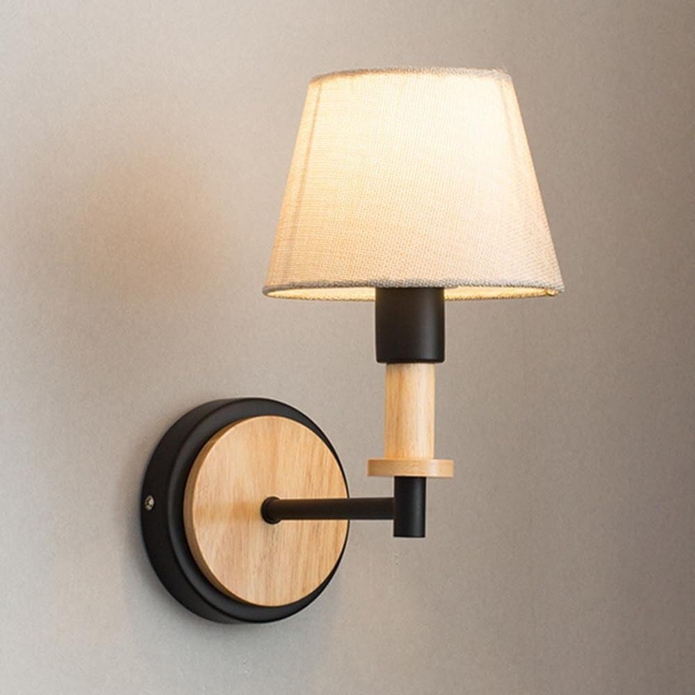 SMCCYYSD Nordic Fabric Wall Lamp E14 Indoor Stairs Light Wood Linen Cloth Shade Sconce for Bedroom Bedside Living Room Study Corridor Entryway Restaurant Mounted Lamp(Dark)