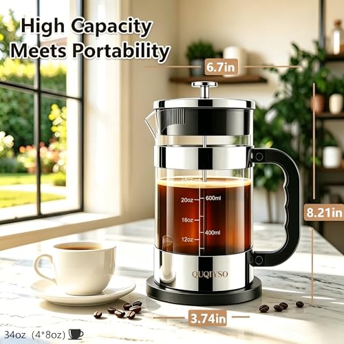 Image of QUQIYSO French Press Coffee Maker 34oz, Thickened Glass Coffee French Press | Stainless Steel Coffee Press, 4 Filter Easy to Clean, Cold Brew Coffee Maker, Suitable for Kitchen Party Gifts(Silver)