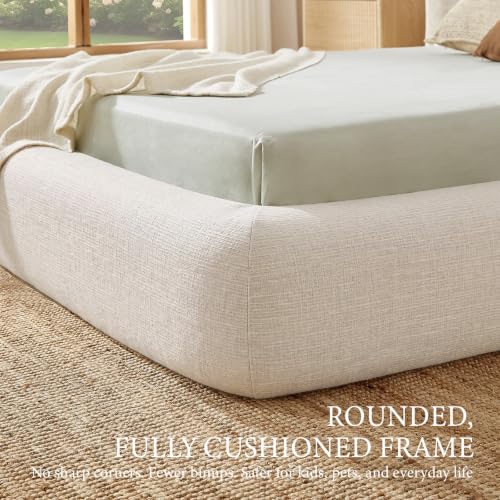 Image of Yechen Queen Cloud Bed, Upholstered Queen Platform Bed, Ivory