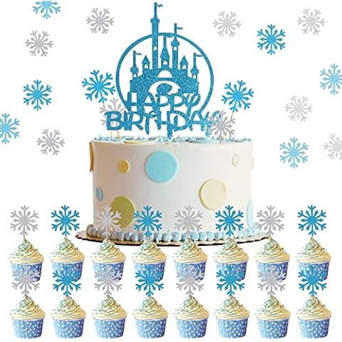 GORVELL Frozen Cake Toppers,1 Frozen Blue Castle Cake Topper and 40pcs Snowflake Cupcake Toppers, Birthday Party Princess Party Frozen Cake Decoration Cover