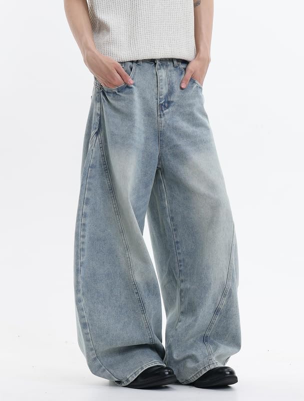 LOGEQI Baggy Barrel Jeans for Men Women Y2K Wide Leg Denim Pants | Uniex style causal pants, half-elastic waistband, breathable fabric, barrel leg