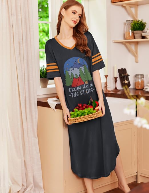 Image of Ekouaer Long Nightgown, Womens V Neck Loungewear Oversized Sleepwear Loose Sleep Dress S-4XL