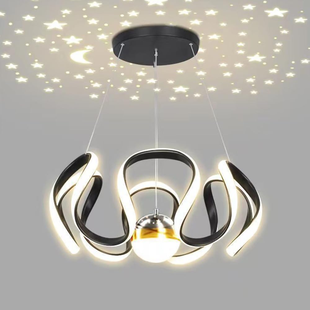 Mengjay Modern LED Ceiling Pendant Light,Star Projector Ceiling Lamp,Kitchen Island Pendant Light,3 Color temperatures,Height Adjustable Hanging Lights for Bars Cafes Restaurants (Black(1 Ball))