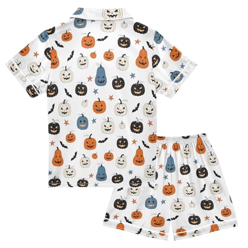 Satin Pajama Sets Short Sleeve Halloween Pumpkins Bats Stars Button Down Silky Nightwear 2 Piece PJS 5-14Y2