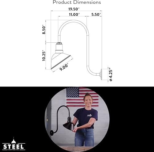 Miniatura 2 de Steel Lighting Co. Venice Store - Letrero de luz para pared de restaurante al aire libre, cúpula de 9 pulgadas, cuello de cisne ascendente,