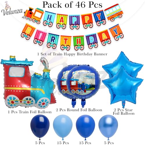 Image of Train Balloons Birthday Decoration Items for Kids, Boy & Girl Bday Party Decor Set of 46 Pcs | Train Theme Birthday Decoration Kit for Kids