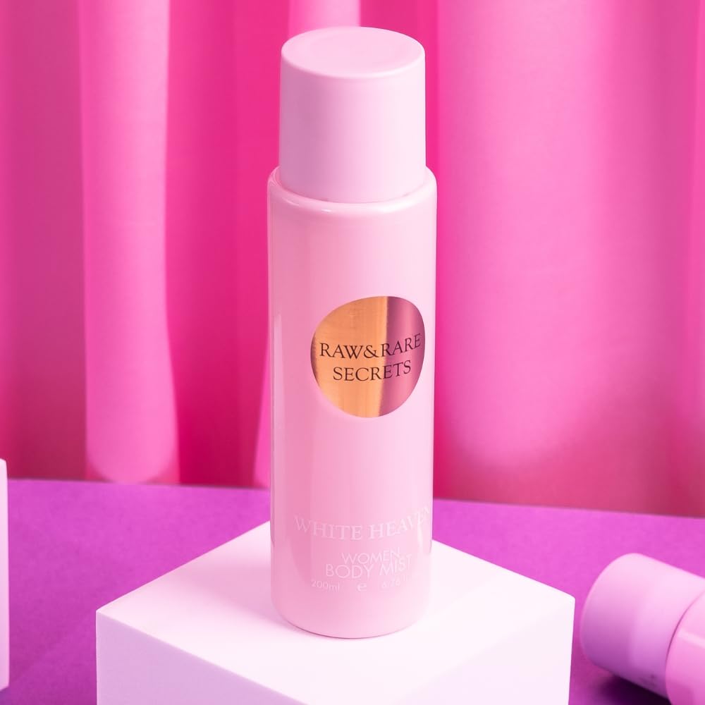 Raw&Rare Secrets Body Mist for Women - White Heaven | 200ML | Long Lasting Premium Rich Fragrance With Beautiful Bottle | Travel Friendly | Body Spray for Women.
