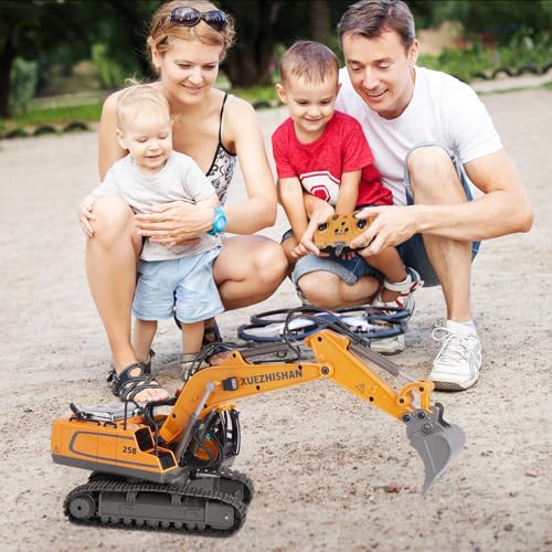 Ferngesteuerter Bagger Spielzeug für Kinder, 11 Kanal RC Bagger 2,4 GHz Fernbedienung mit Eisenlegierung Schaufel inkl. 2 Stücke Akku mit Licht und Musik Kettenbagger